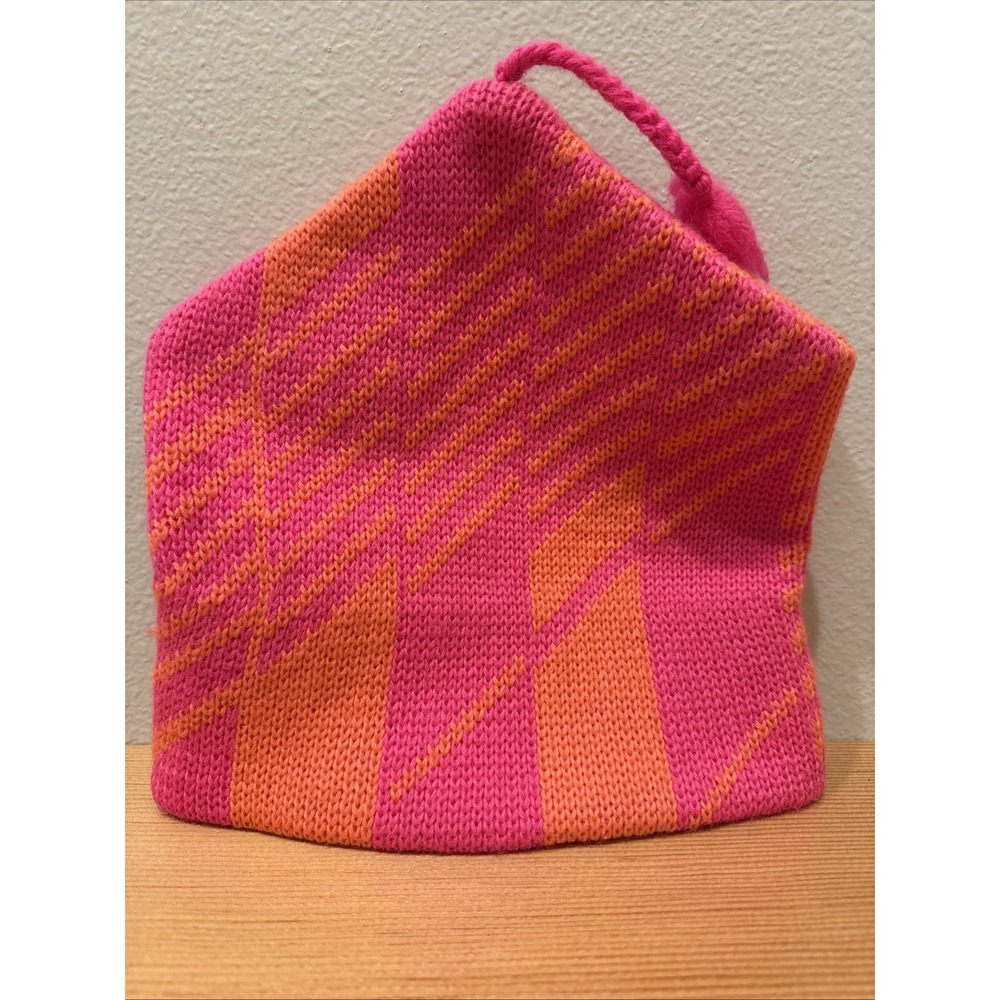 Vintage‎ Smiley Hat Wool Ski Hat Pink With Orange Stripes Beanie No Tag